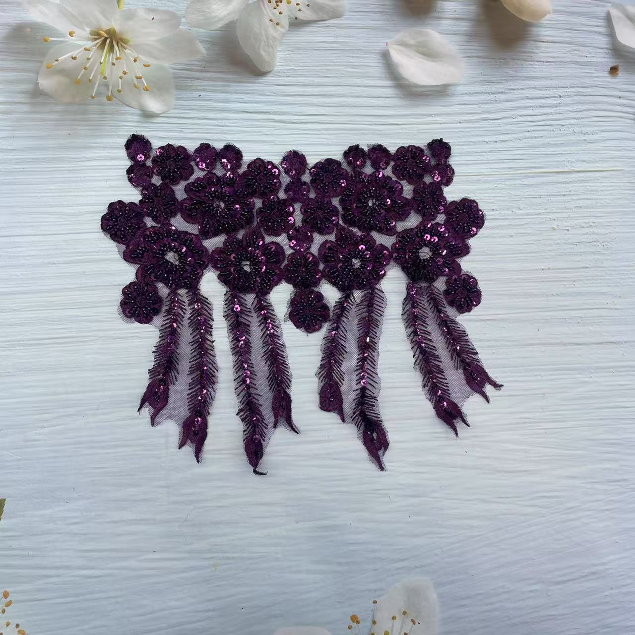 Handcrafted Beaded Rhinestone Sequin Applique Patch - White & Gold Round Neck Tulle Collar DIY Clothing Decor