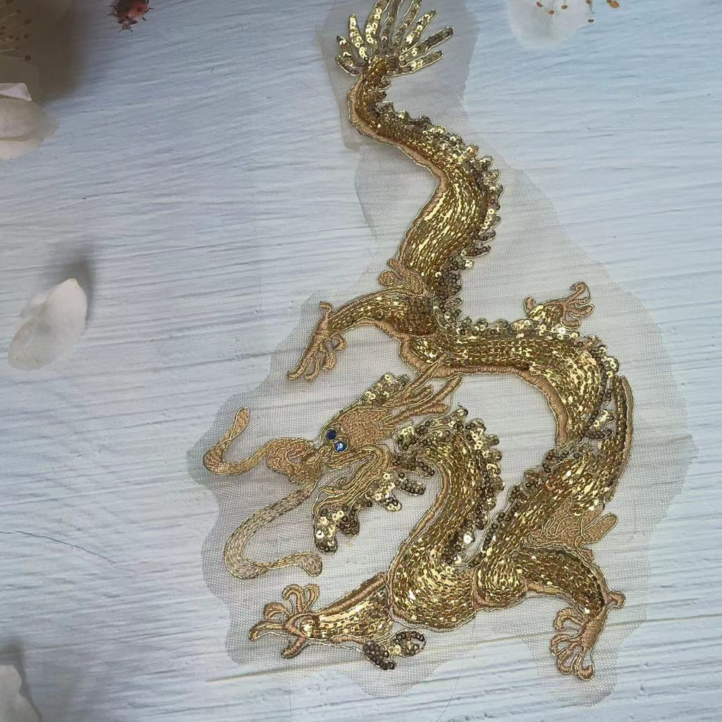 Gold Dragon & Phoenix Sequin Embroidered Iron-On Patches – Shimmering Appliqué for Qipao, Wedding Dress & DIY Craft, Traditional Chinese Textile Embellishment for Sewing & Fashion Design