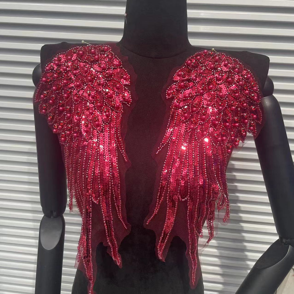 Luxury Pearl & Crystal Wing Applique Patch - High-Quality Beaded Sequin Embroidery