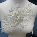 Premium Lace Floral Appliqué with Hand-Sewn Beads & Sequins – Embellished Wedding Dress Trim for Bridal Gowns, DIY Sewing Embroidery Patch, Delicate Lace Edging for Formal Wear & Craft Projects