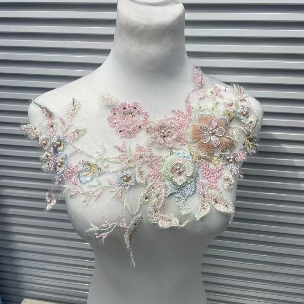 Colorful 3D Beaded Rhinestone Embroidered Lace Applique Patch - DIY Dressmaking Sewing Craft Supplies for Evening Gowns & Costumes