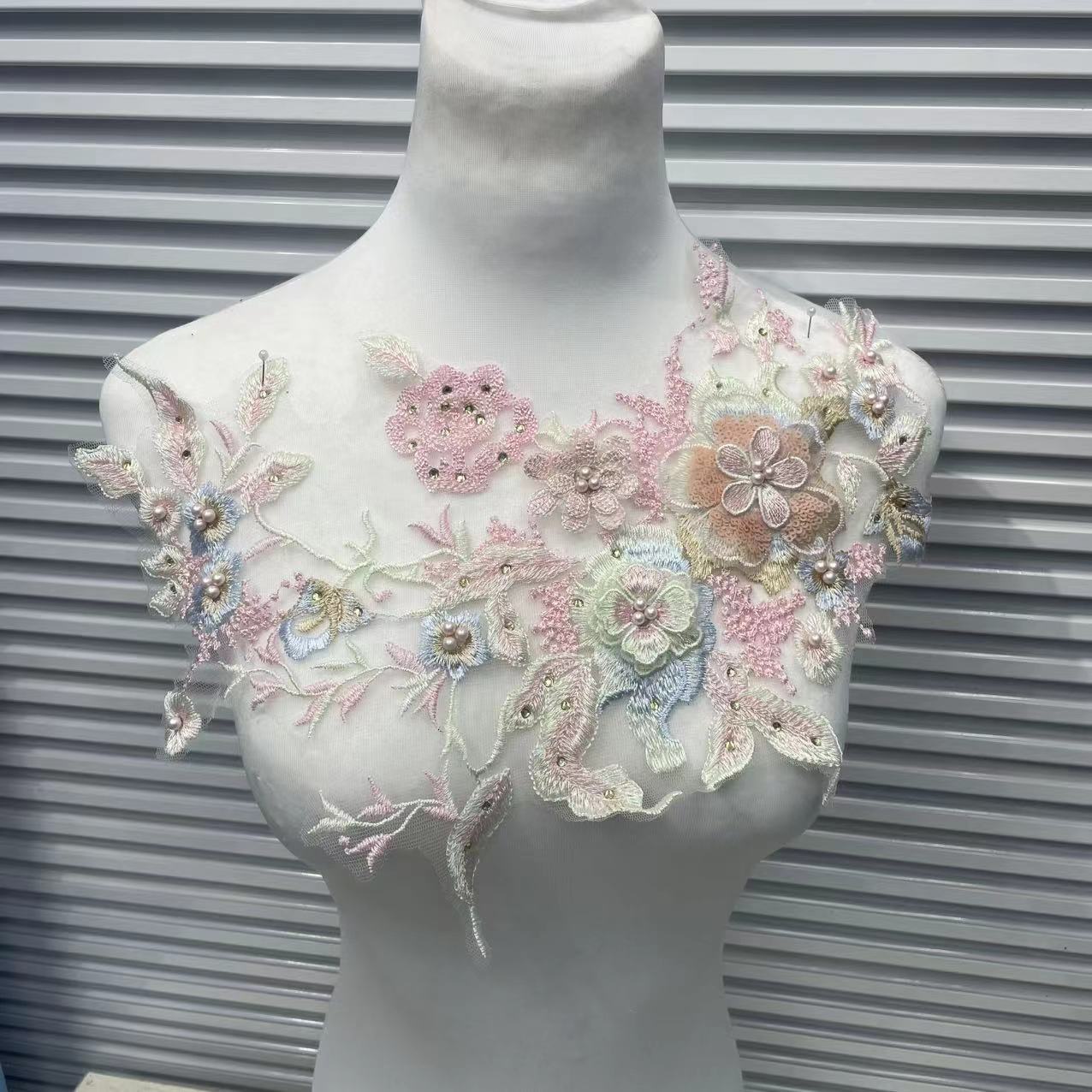 Colorful 3D Beaded Rhinestone Embroidered Lace Applique Patch - DIY Dressmaking Sewing Craft Supplies for Evening Gowns & Costumes