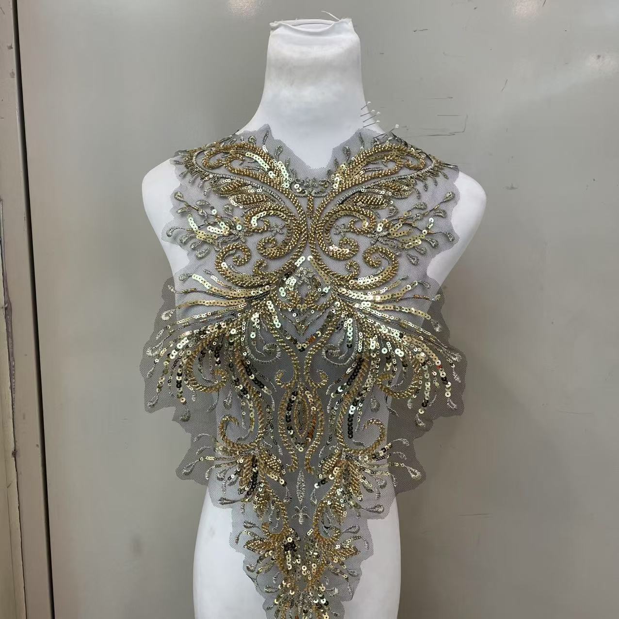 Heavy Embellished Lace & Sequin Appliqué for Front & Back of Wedding Dresses – DIY Decorative Trim with Intricate Embroidery for Bridal Gowns & Evening Wear