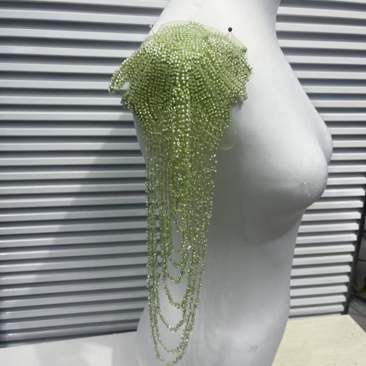 Vintage Heavy Embroidered Shoulder Appliqué with Fringe, 3D Crystal & Beaded Pendant – Luxe Bridal Dress Trim for Wedding Gowns, Prom & Formal Wear, Ready-to-Sew Applique Patch