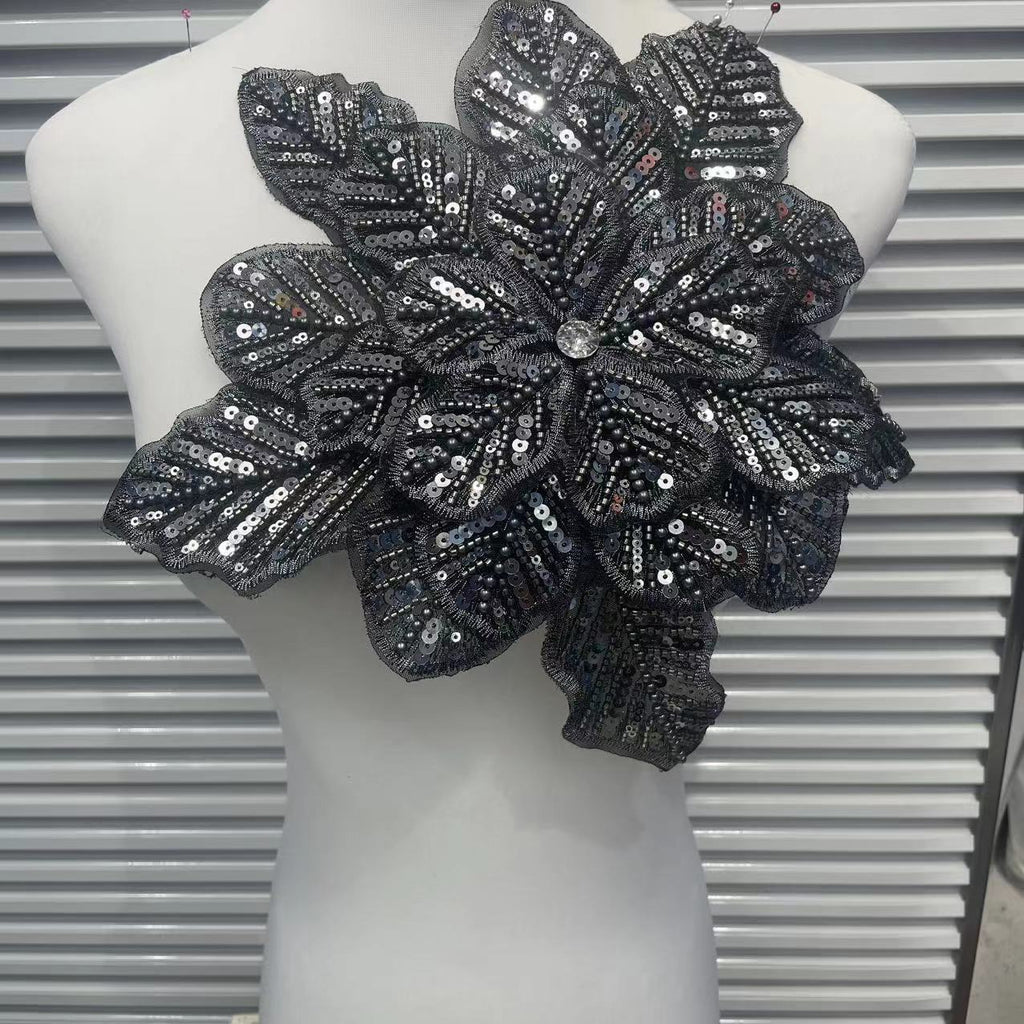 3D Extra-Large Snowflake Appliqué with 4-Layer Stiff Tulle, Fully Beaded & Sequined – Bold DIY Embellishment for Winter Wedding Dresses, Evening Gowns, Festival Costumes & Fashion Craft Projects