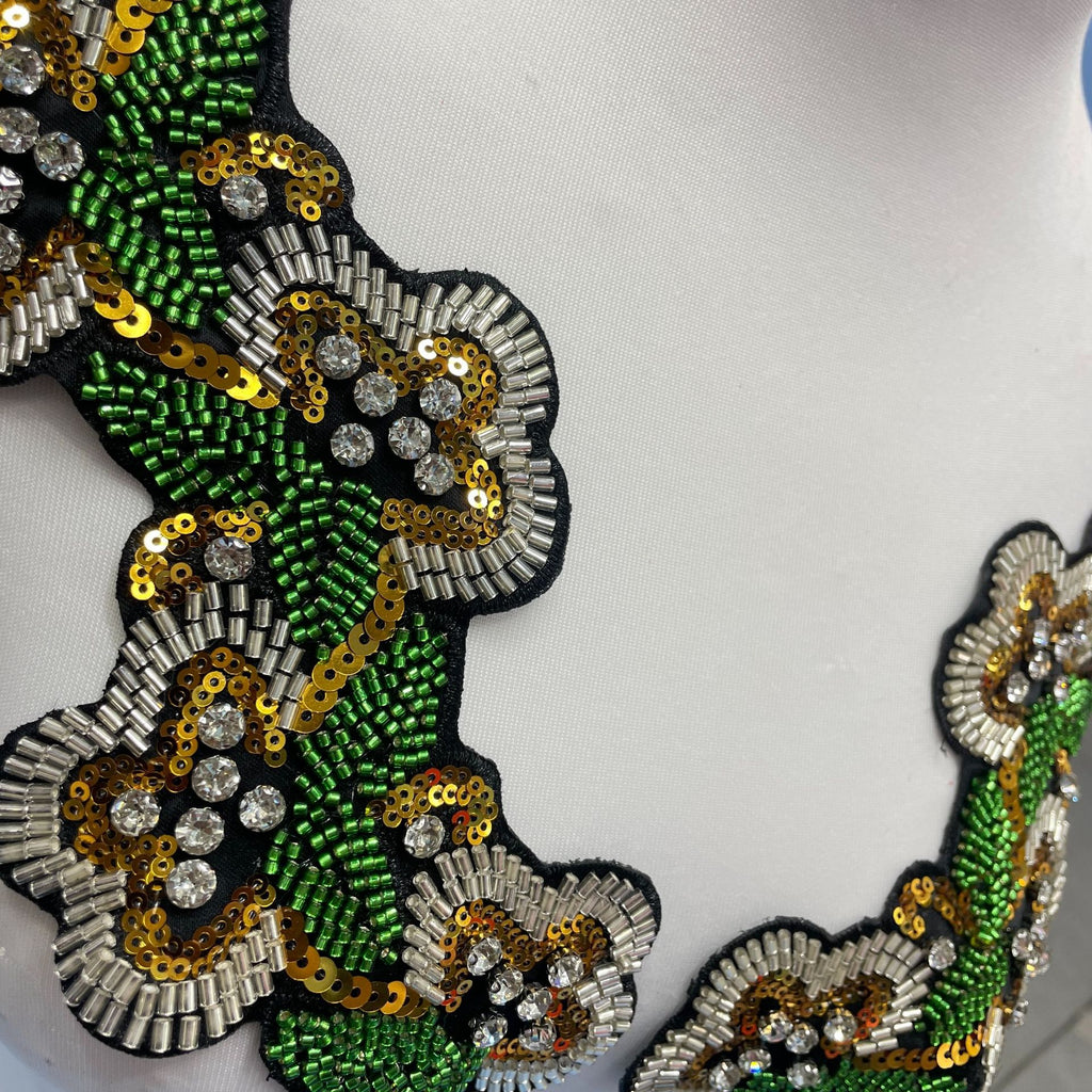 Multicolor Hand-Beaded Lace Appliqué with Seed Beads & Crystal Glass Rhinestones – Bohemian Ethnic Embroidered Patch for DIY Fashion, Jackets, Bags & Cultural Costume Embellishment