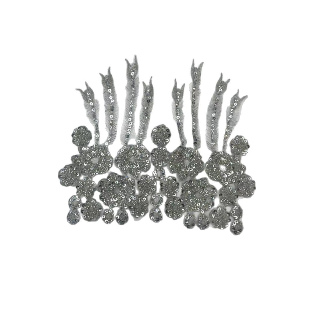 Handcrafted Beaded Rhinestone Sequin Applique Patch - White & Gold Round Neck Tulle Collar DIY Clothing Decor