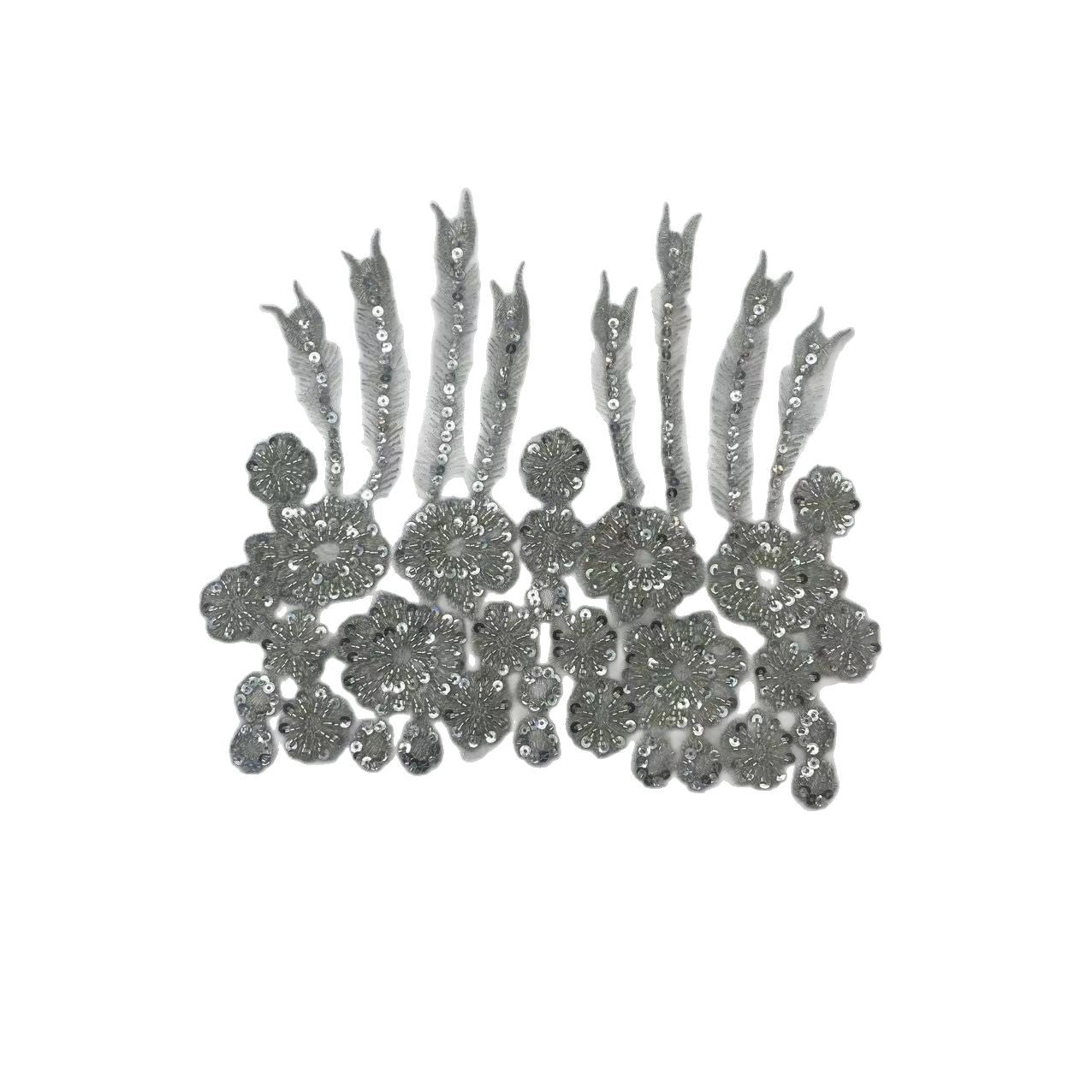 Handcrafted Beaded Rhinestone Sequin Applique Patch - White & Gold Round Neck Tulle Collar DIY Clothing Decor