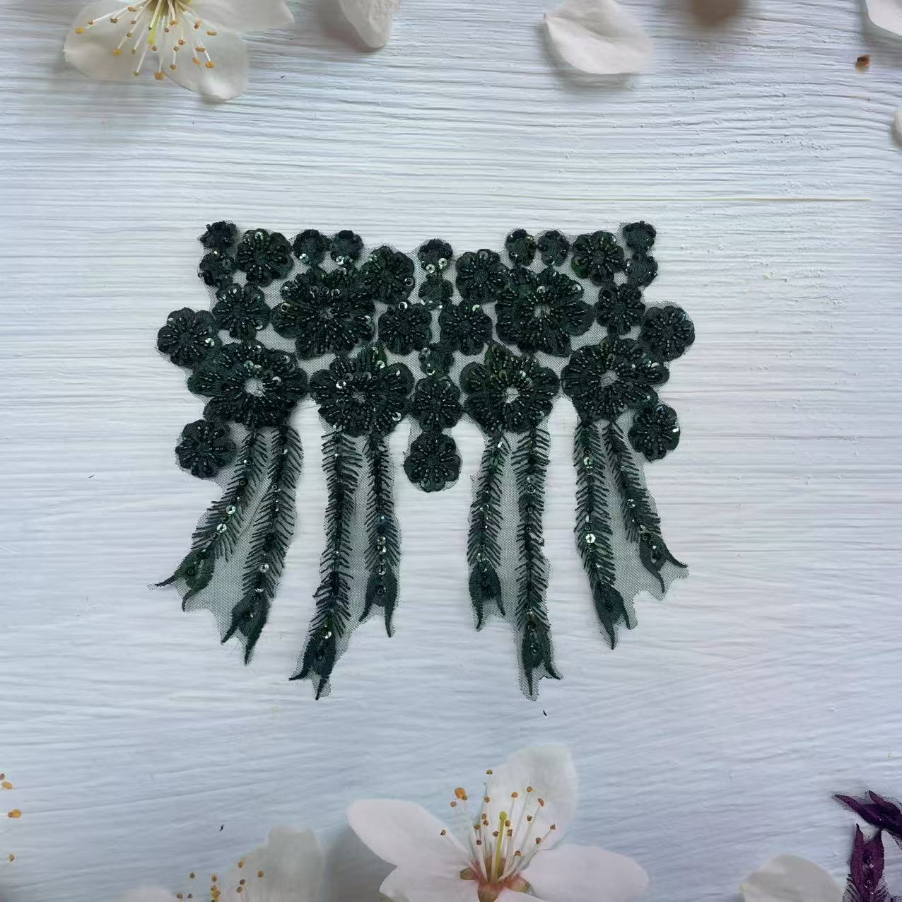 Handcrafted Beaded Rhinestone Sequin Applique Patch - White & Gold Round Neck Tulle Collar DIY Clothing Decor