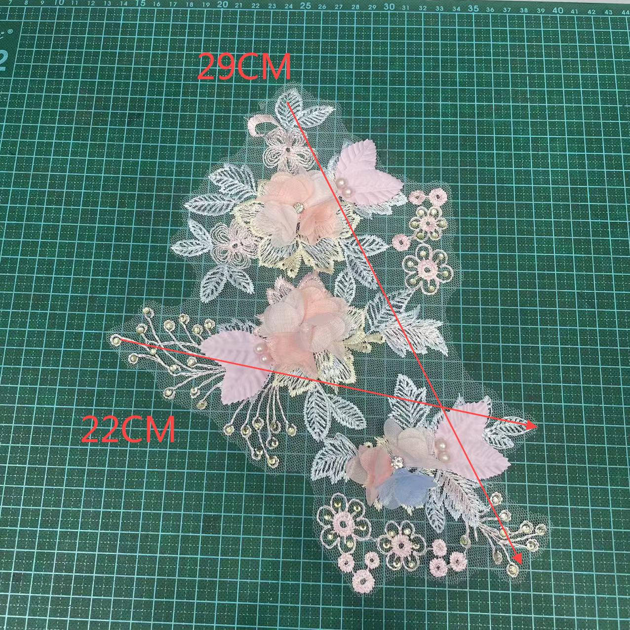 3D Embroidered Floral Appliqué with Beading & Hot-Fix Rhinestones – Sparkling Sew-On Flower Trim for Performance Costumes, Hanfu, Bridal Gowns, Kids' Dresses & DIY Fashion Embellishment