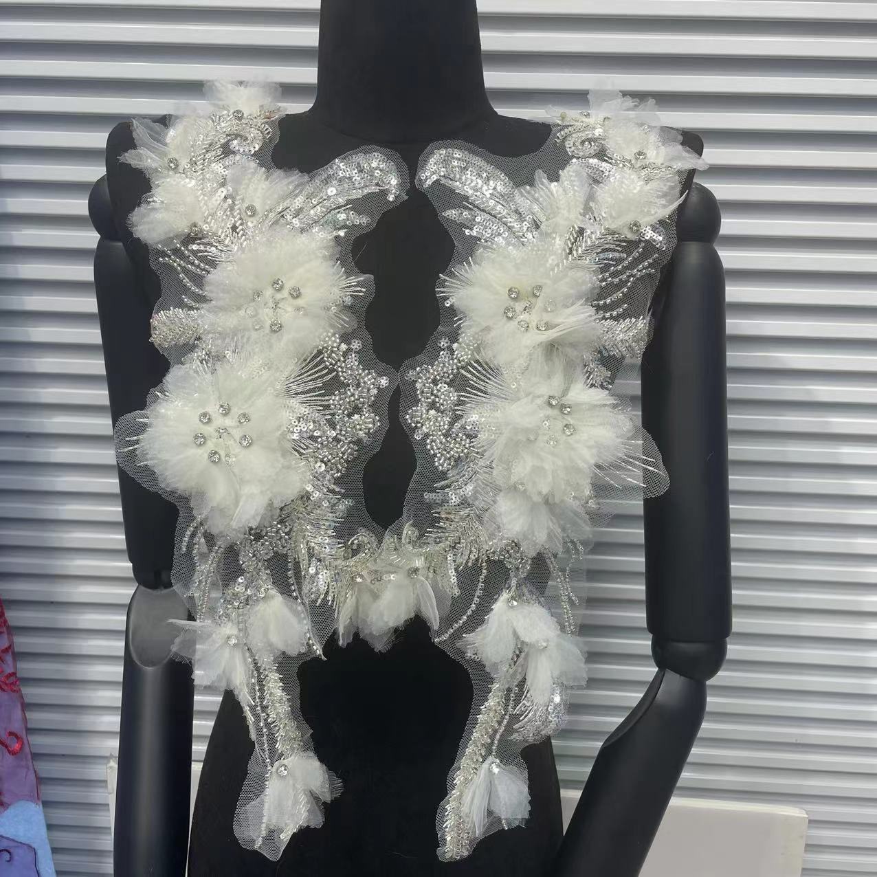 Ultra-Embellished Beaded 3D Floral Sleeve Appliqué – Ethereal DIY Trim for Evening Gowns, Stage Costumes & Bridal Fashion Accessories