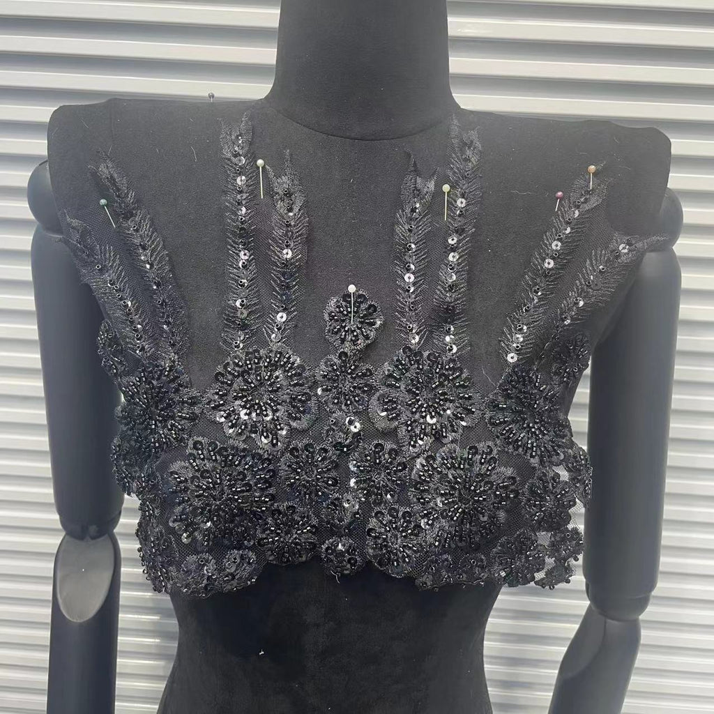 Handcrafted Beaded Rhinestone Sequin Applique Patch - White & Gold Round Neck Tulle Collar DIY Clothing Decor