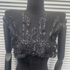 Handcrafted Beaded Rhinestone Sequin Applique Patch - White & Gold Round Neck Tulle Collar DIY Clothing Decor