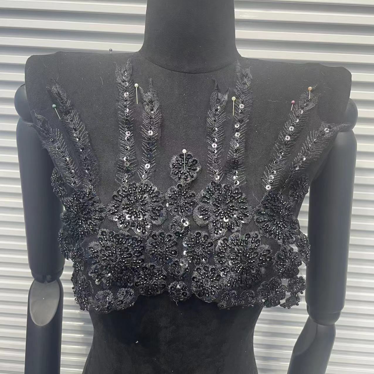 Handcrafted Beaded Rhinestone Sequin Applique Patch - White & Gold Round Neck Tulle Collar DIY Clothing Decor