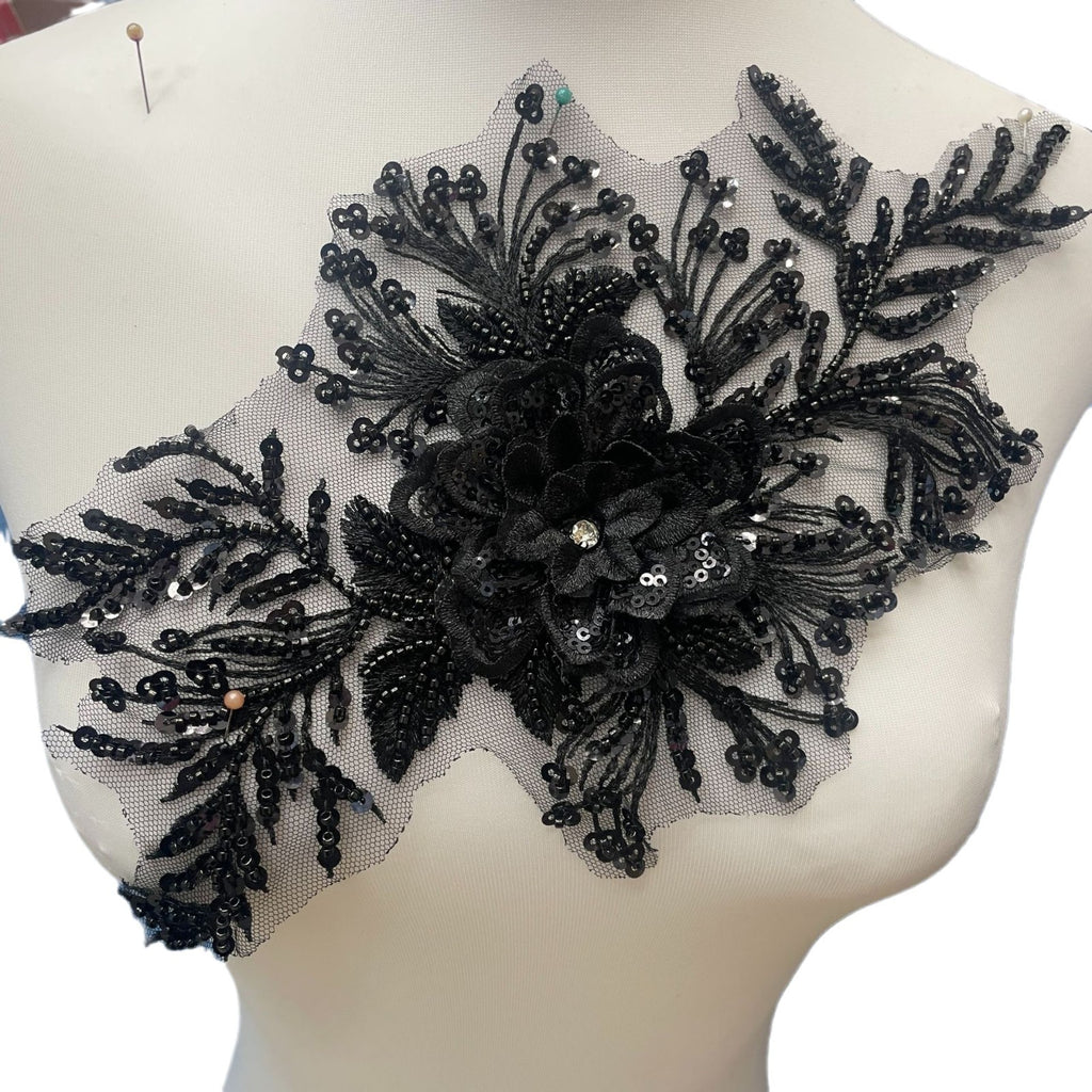 Premium Lace Floral Appliqué with Hand-Sewn Beads & Sequins – Embellished Wedding Dress Trim for Bridal Gowns, DIY Sewing Embroidery Patch, Delicate Lace Edging for Formal Wear & Craft Projects