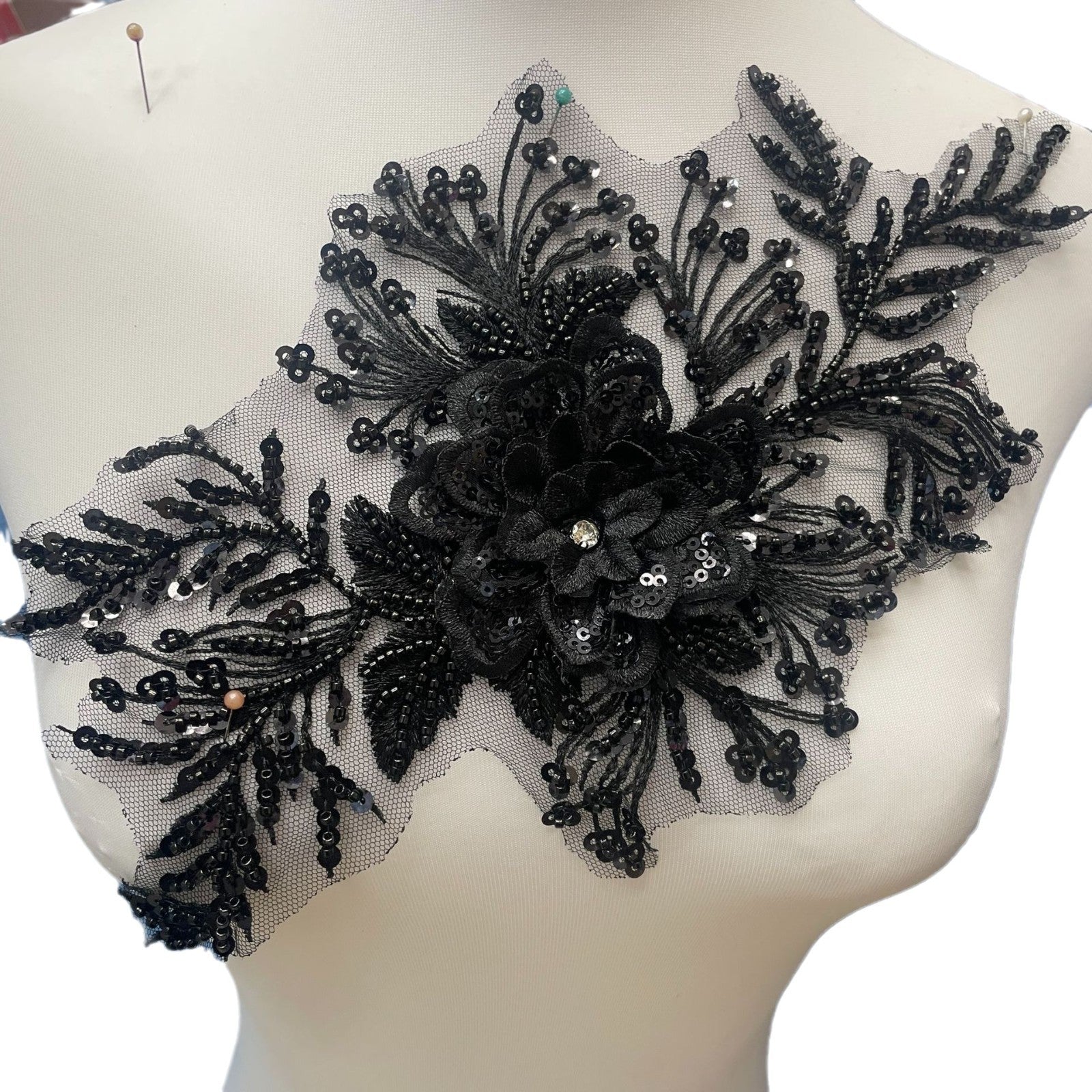 Premium Lace Floral Appliqué with Hand-Sewn Beads & Sequins – Embellished Wedding Dress Trim for Bridal Gowns, DIY Sewing Embroidery Patch, Delicate Lace Edging for Formal Wear & Craft Projects