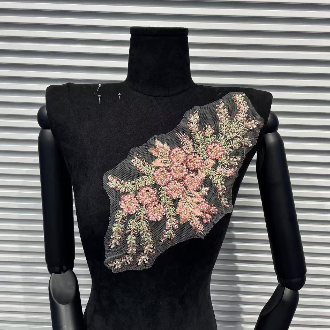 Color-Block 3D Embroidered Appliqué with Tube Beads & Lace – Minimalist Chic Patch for Sweaters, Jackets & DIY Fashion Embellishment