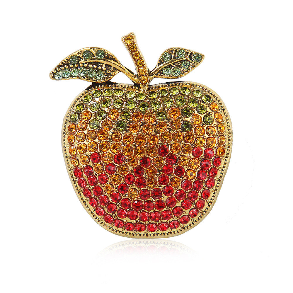 Eco-friendly Full Diamond Gradient Christmas Eve Apple Brooch Design Fruit Pin Fashion Coat Flower Accessory