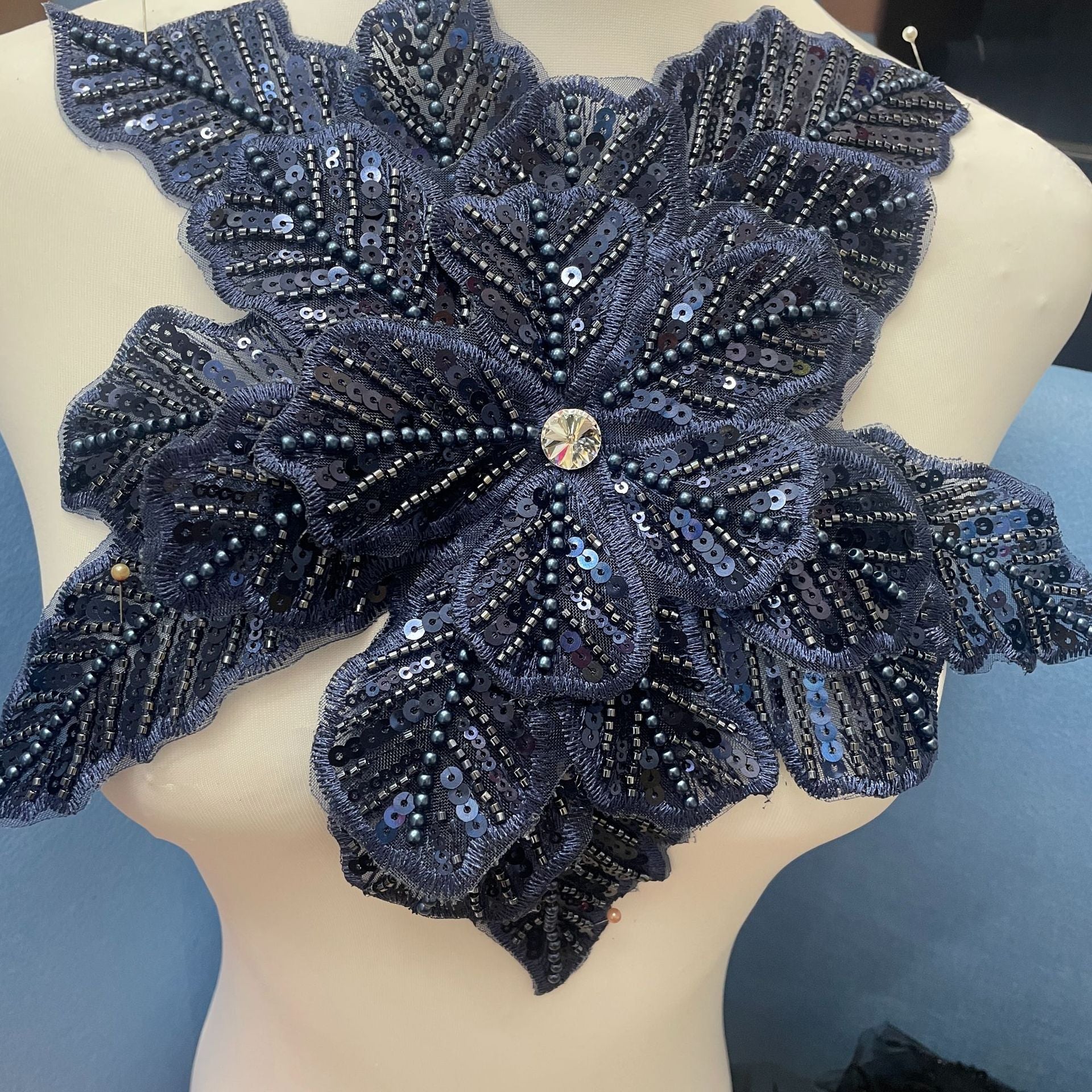 3D Extra-Large Snowflake Appliqué with 4-Layer Stiff Tulle, Fully Beaded & Sequined – Bold DIY Embellishment for Winter Wedding Dresses, Evening Gowns, Festival Costumes & Fashion Craft Projects