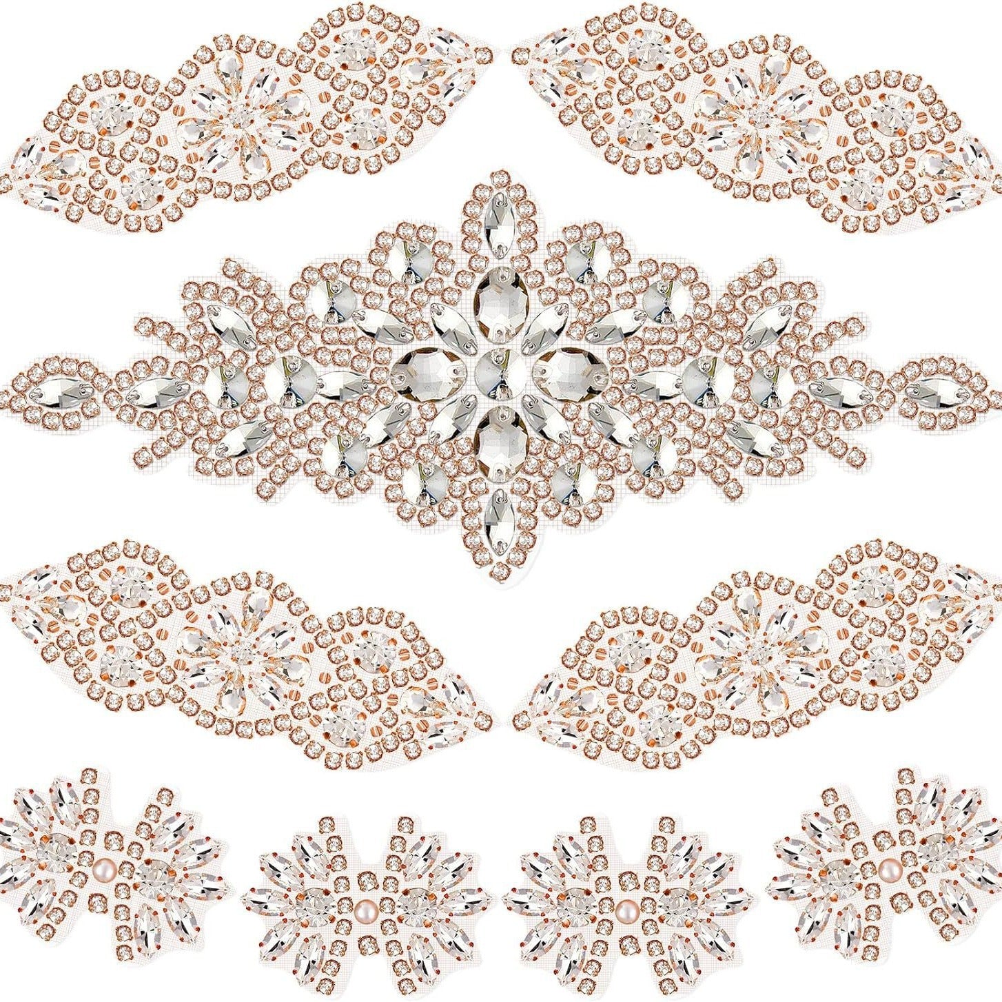 9 Pcs Rhinestone Applique Patches with Back Glue, Sparkling Iron-on Gems for Dancewear, Performance Costumes, Ice Skating Dress, Garment Embellishment