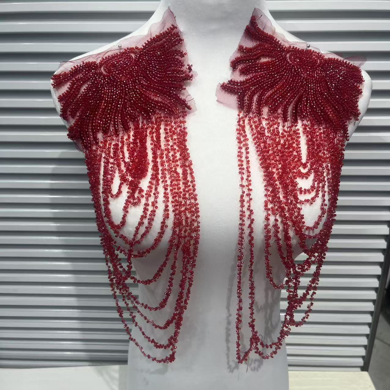 Vintage Heavy Embroidered Shoulder Appliqué with Fringe, 3D Crystal & Beaded Pendant – Luxe Bridal Dress Trim for Wedding Gowns, Prom & Formal Wear, Ready-to-Sew Applique Patch