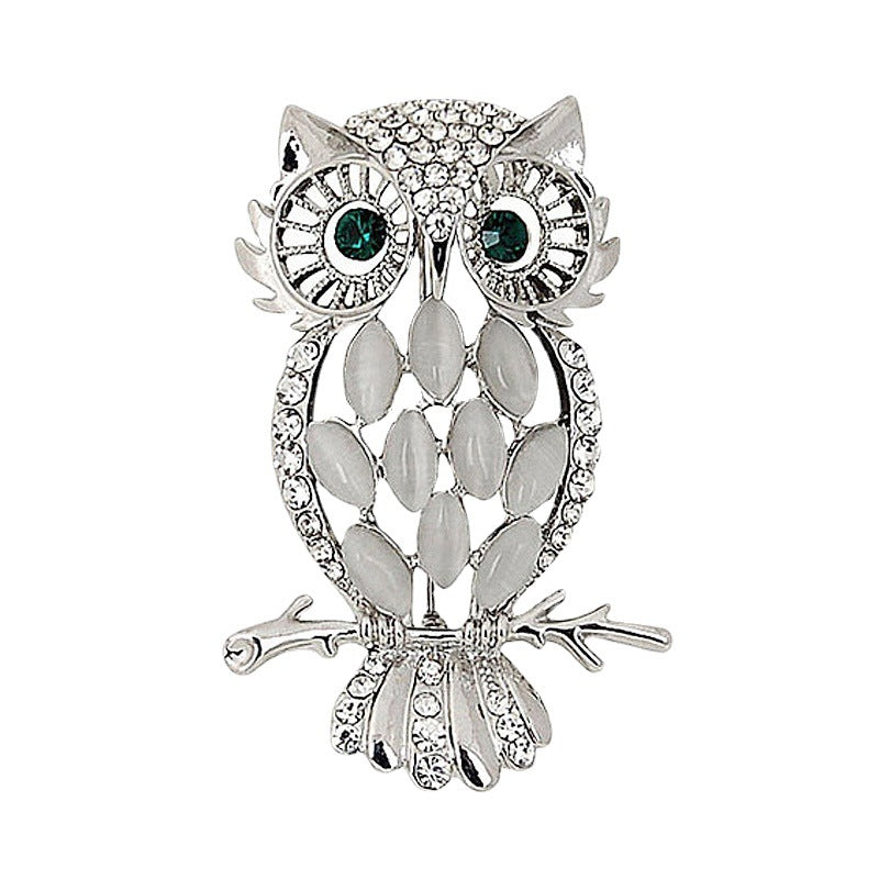 Women’s Korean Owl Brooch with Cat’s Eye Stone - Dual Gold/Silver Tone Cartoon Animal Pin for Jackets & Bags