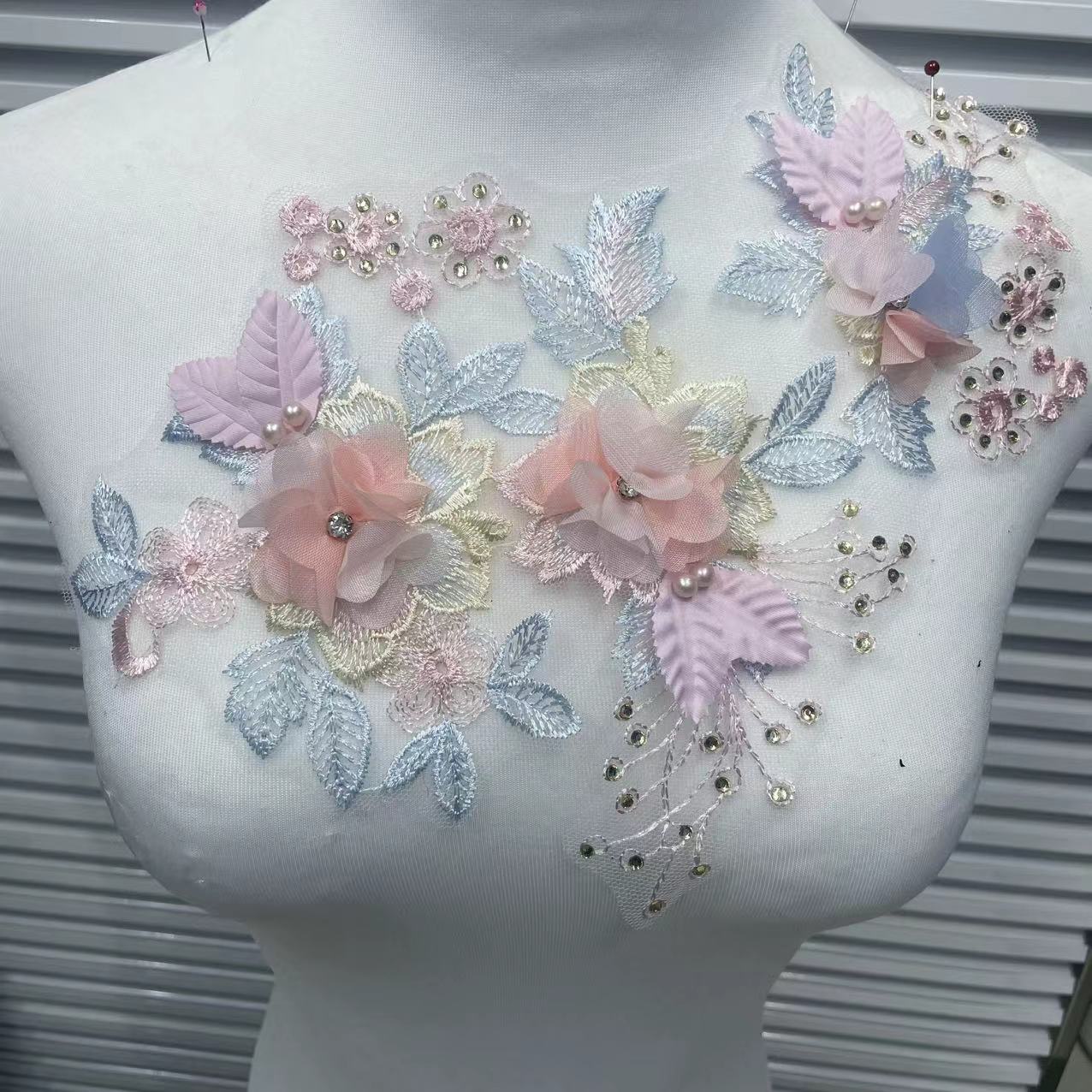 3D Embroidered Floral Appliqué with Beading & Hot-Fix Rhinestones – Sparkling Sew-On Flower Trim for Performance Costumes, Hanfu, Bridal Gowns, Kids' Dresses & DIY Fashion Embellishment