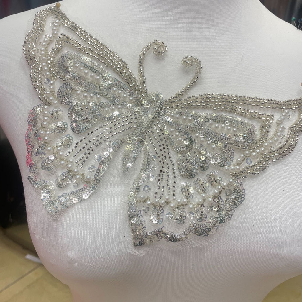 Machine-Embroidered Beaded Sequin Butterfly Collar Applique - 3D Floral Lace Neck Patch for Bridal Gown & Evening Dress DIY Decor