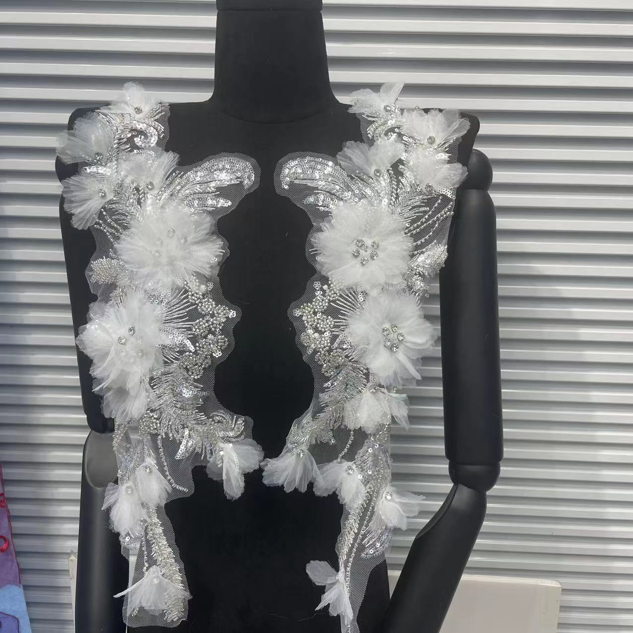 Ultra-Embellished Beaded 3D Floral Sleeve Appliqué – Ethereal DIY Trim for Evening Gowns, Stage Costumes & Bridal Fashion Accessories