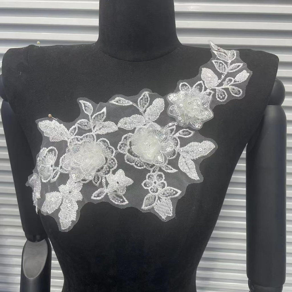 Shimmering Lace Floral Appliqué with Crystal Beads, Metallic Cord & Tulle – Matching Pair Embroidered Trim for Collar, Bridal Gowns & DIY Wedding Dress Embellishment