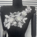 Shimmering Lace Floral Appliqué with Crystal Beads, Metallic Cord & Tulle – Matching Pair Embroidered Trim for Collar, Bridal Gowns & DIY Wedding Dress Embellishment