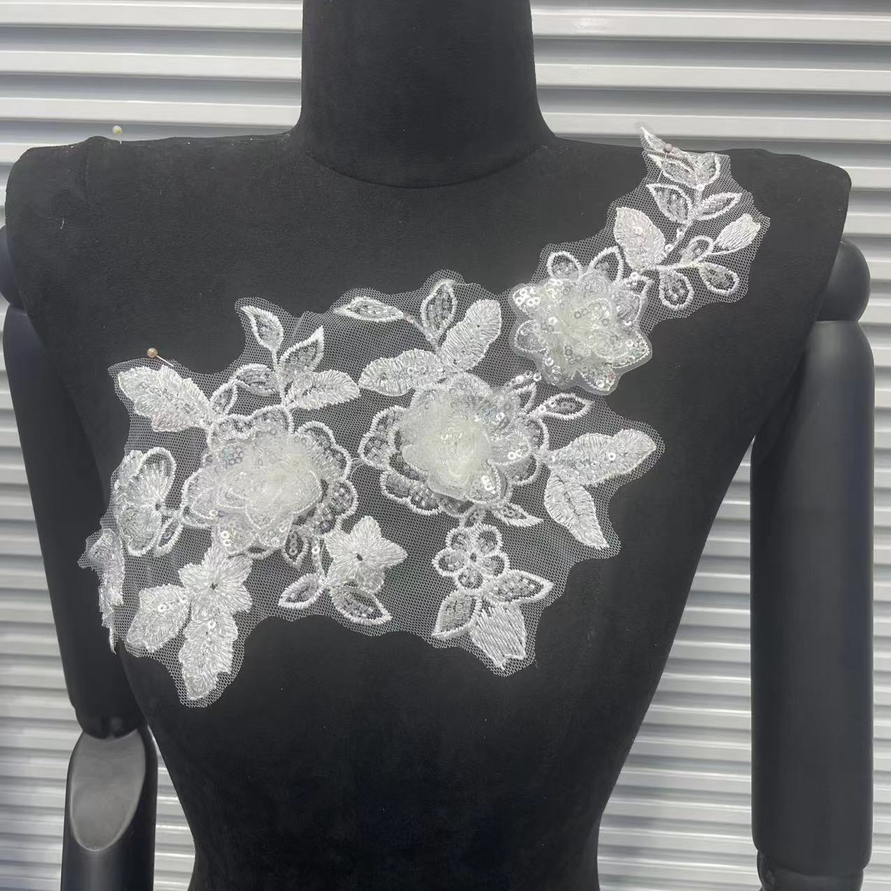 Shimmering Lace Floral Appliqué with Crystal Beads, Metallic Cord & Tulle – Matching Pair Embroidered Trim for Collar, Bridal Gowns & DIY Wedding Dress Embellishment