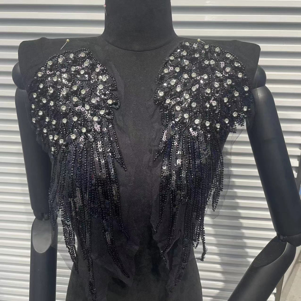 Luxury Pearl & Crystal Wing Applique Patch - High-Quality Beaded Sequin Embroidery