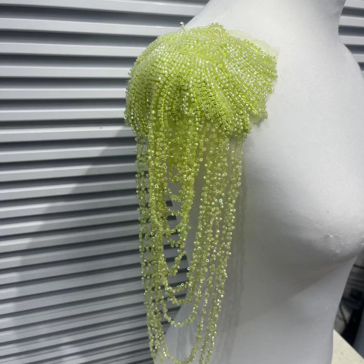 Vintage Heavy Embroidered Shoulder Appliqué with Fringe, 3D Crystal & Beaded Pendant – Luxe Bridal Dress Trim for Wedding Gowns, Prom & Formal Wear, Ready-to-Sew Applique Patch