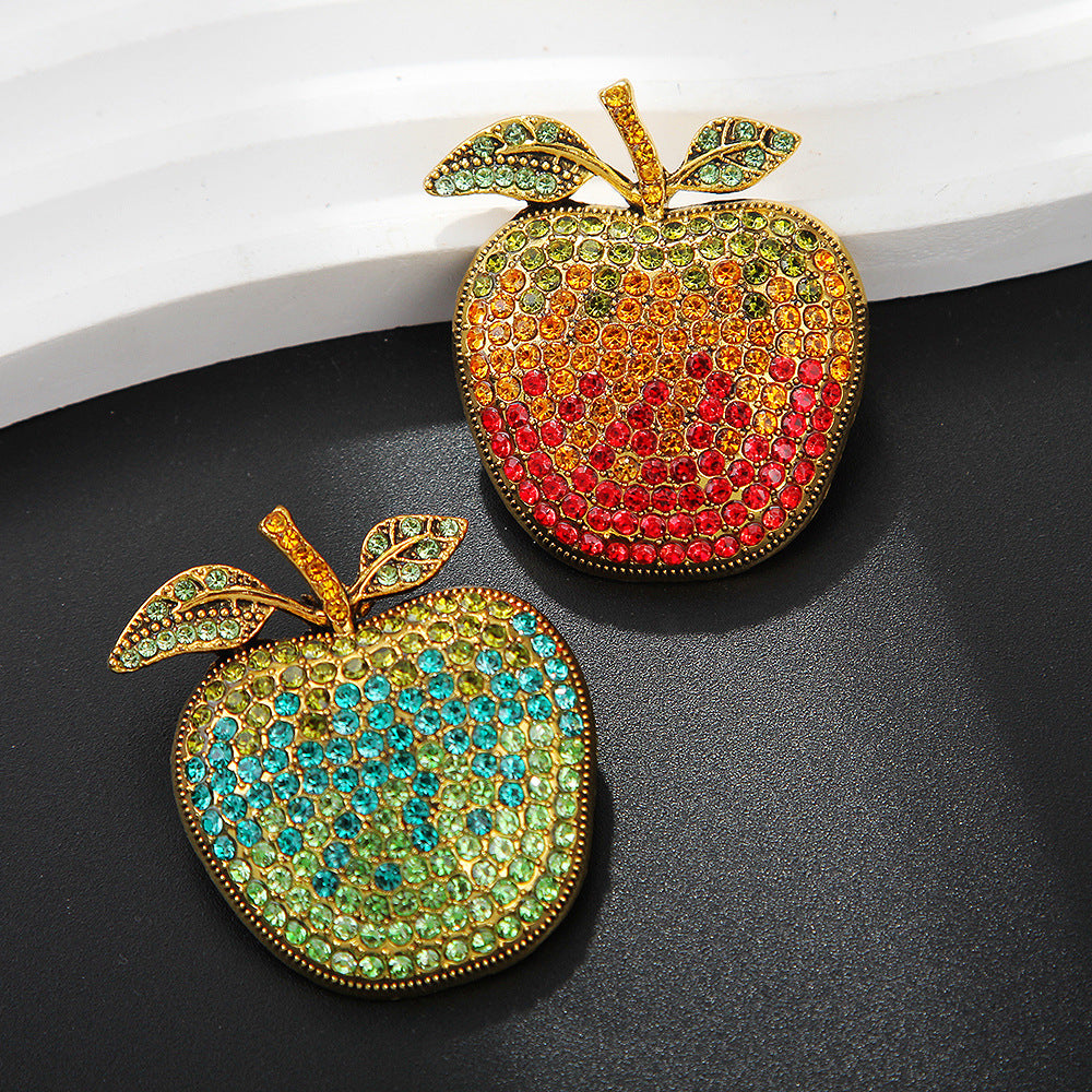 Eco-friendly Full Diamond Gradient Christmas Eve Apple Brooch Design Fruit Pin Fashion Coat Flower Accessory