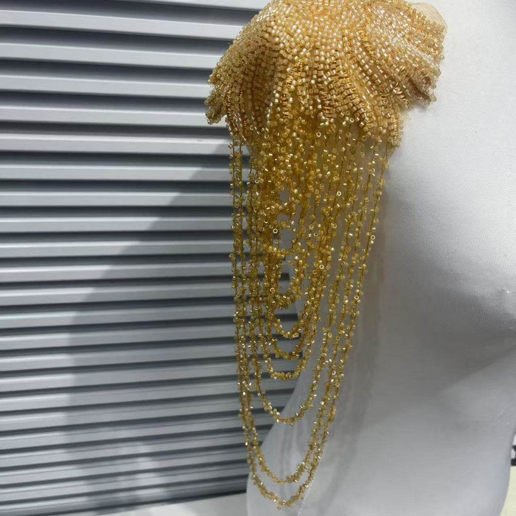 Elegant Vintage Bridal Shoulder Applique, Heavy Embroidery Patch with Crystal Pearl Beads Fringe for Wedding Gown, Prom Dress, Pageant Costume