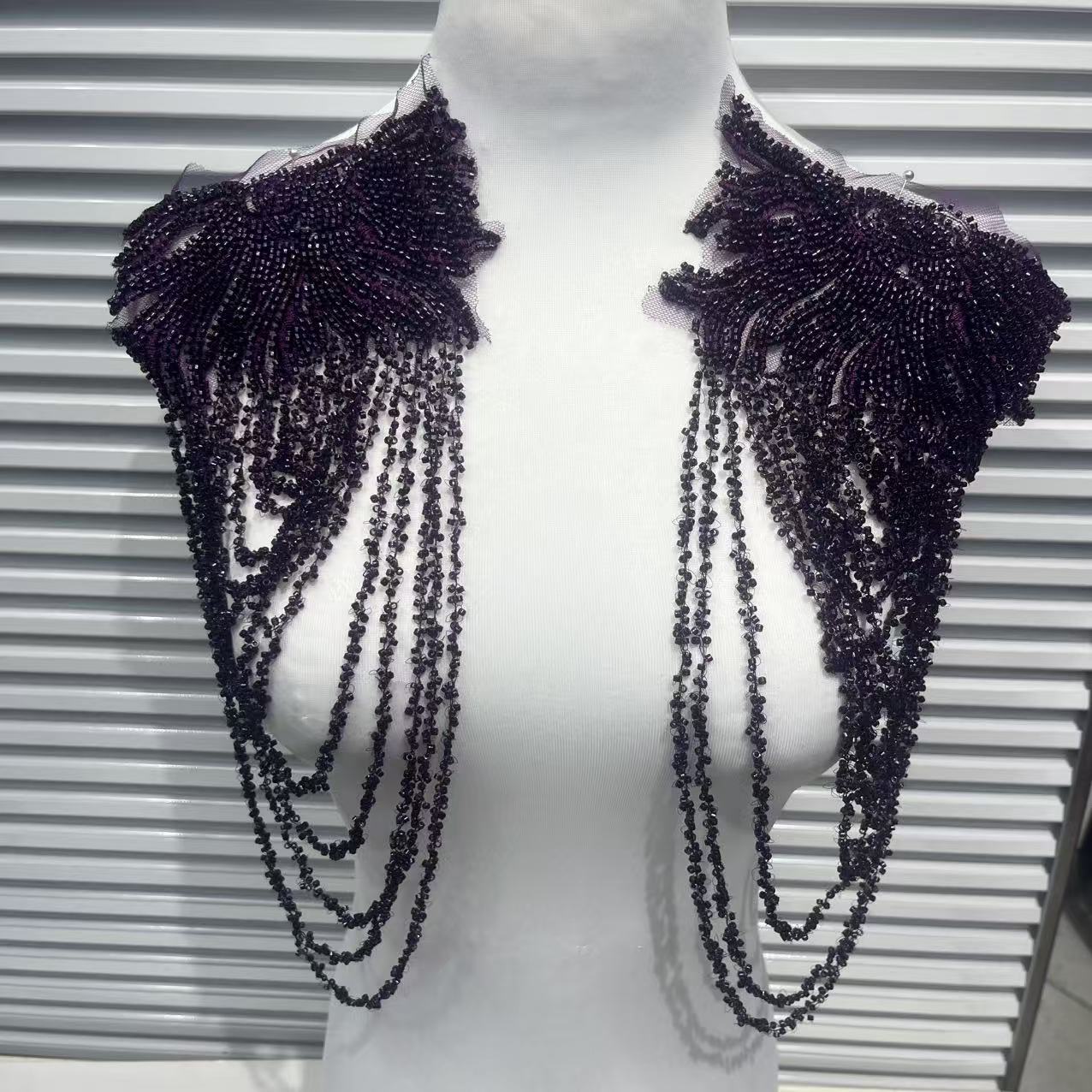 Elegant Vintage Bridal Shoulder Applique, Heavy Embroidery Patch with Crystal Pearl Beads Fringe for Wedding Gown, Prom Dress, Pageant Costume