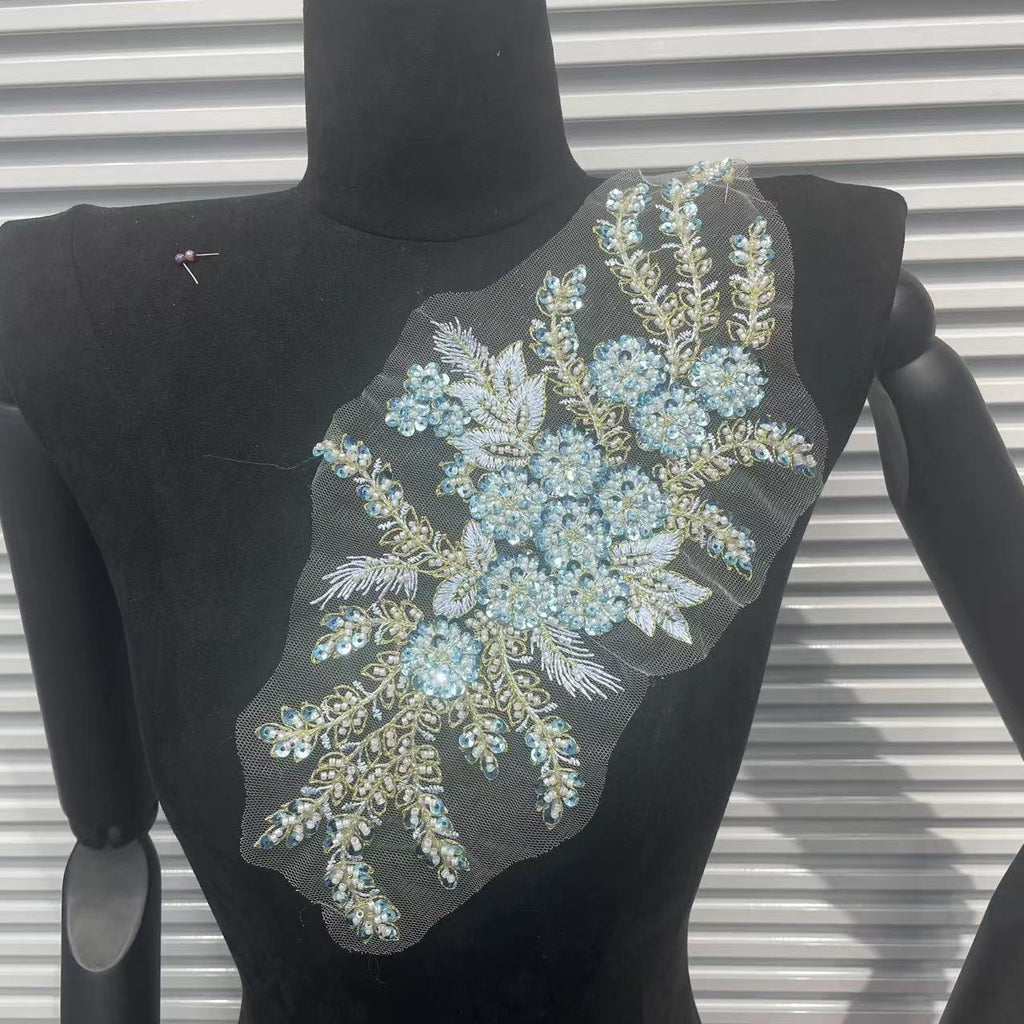 Color-Block 3D Embroidered Appliqué with Tube Beads & Lace – Minimalist Chic Patch for Sweaters, Jackets & DIY Fashion Embellishment