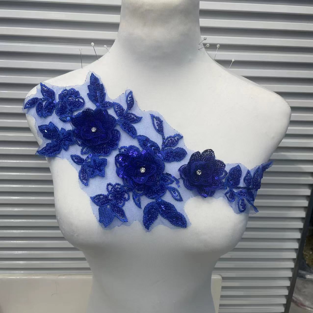 Shimmering Lace Floral Appliqué with Crystal Beads, Metallic Cord & Tulle – Matching Pair Embroidered Trim for Collar, Bridal Gowns & DIY Wedding Dress Embellishment