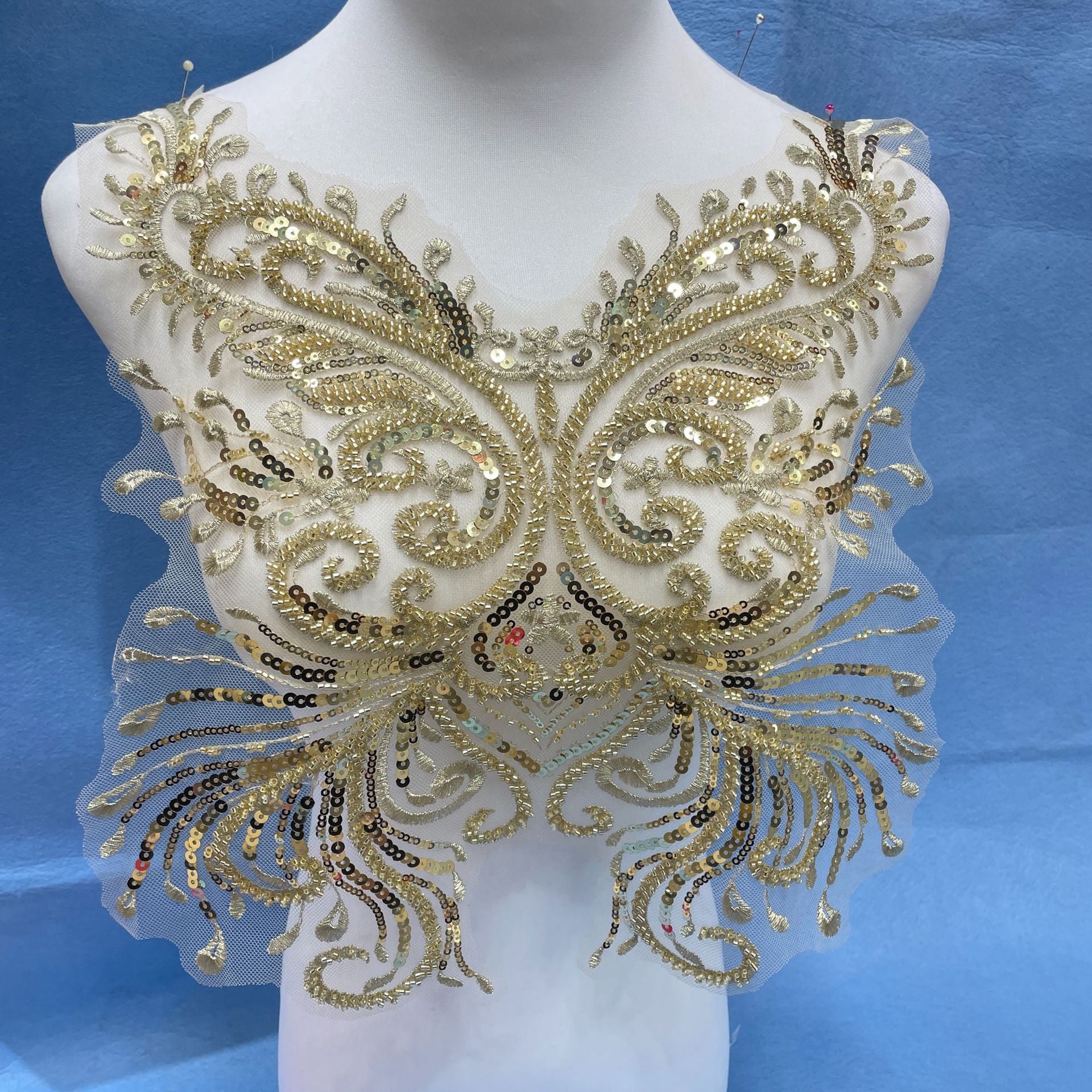 Lace and Sequin Embroidered Appliqué Patch for Front & Back of Wedding Dresses – DIY Decorative Trim with Elegant Lace & Sparkling Sequins for Bridal Gowns, Evening Wear & Custom Sewing Projects