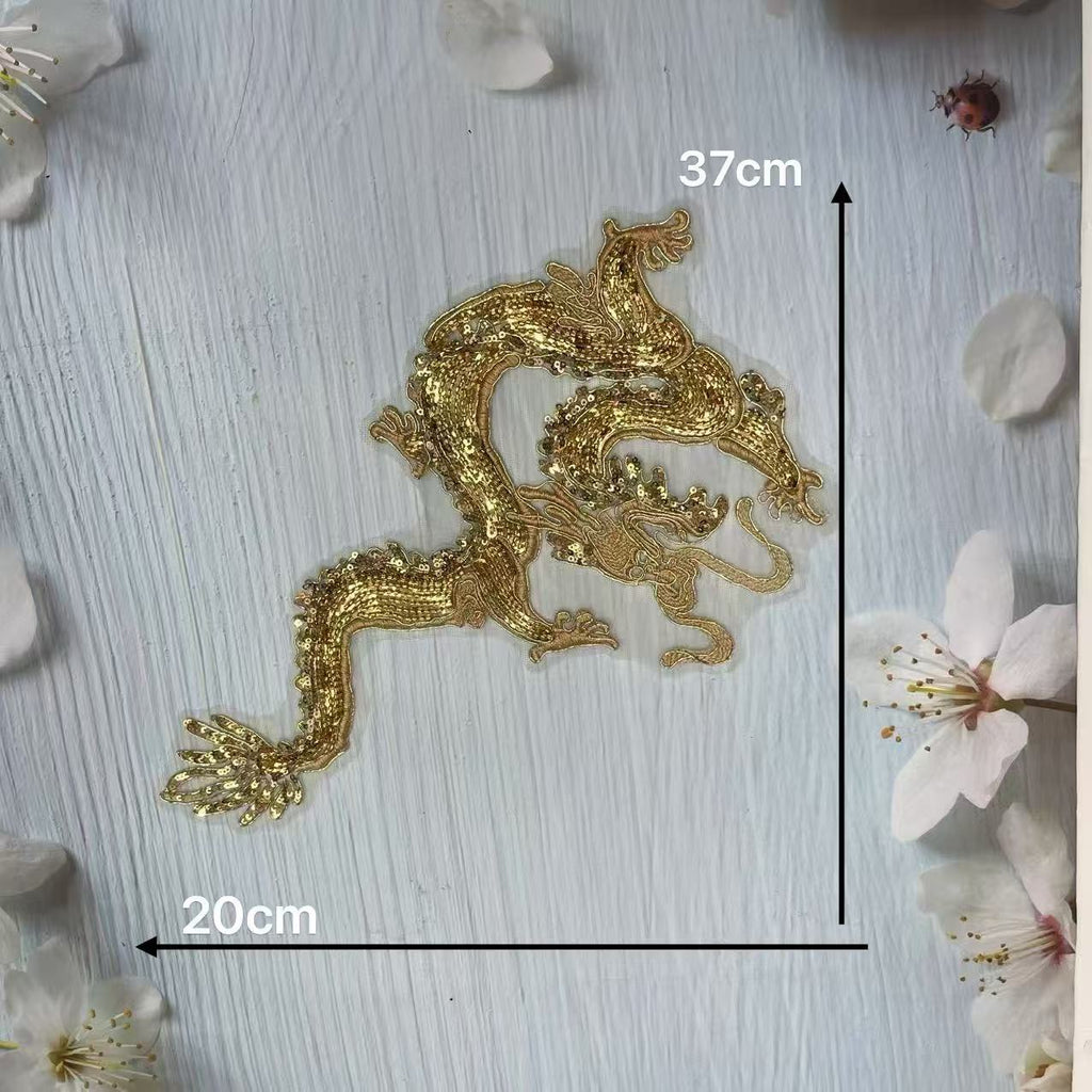 Dragon and Phoenix Embroidery Patch, Gold Sequins Applique for Wedding Cheongsam, Bridal Qipao, Traditional Chinese Costume