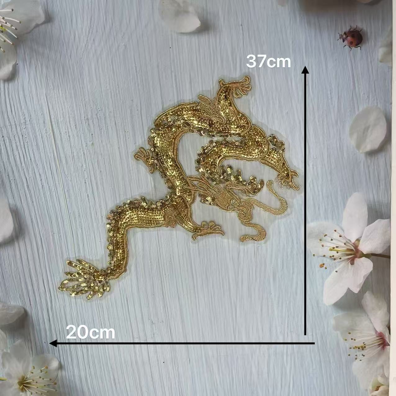 Gold Dragon & Phoenix Sequin Embroidered Iron-On Patches – Shimmering Appliqué for Qipao, Wedding Dress & DIY Craft, Traditional Chinese Textile Embellishment for Sewing & Fashion Design