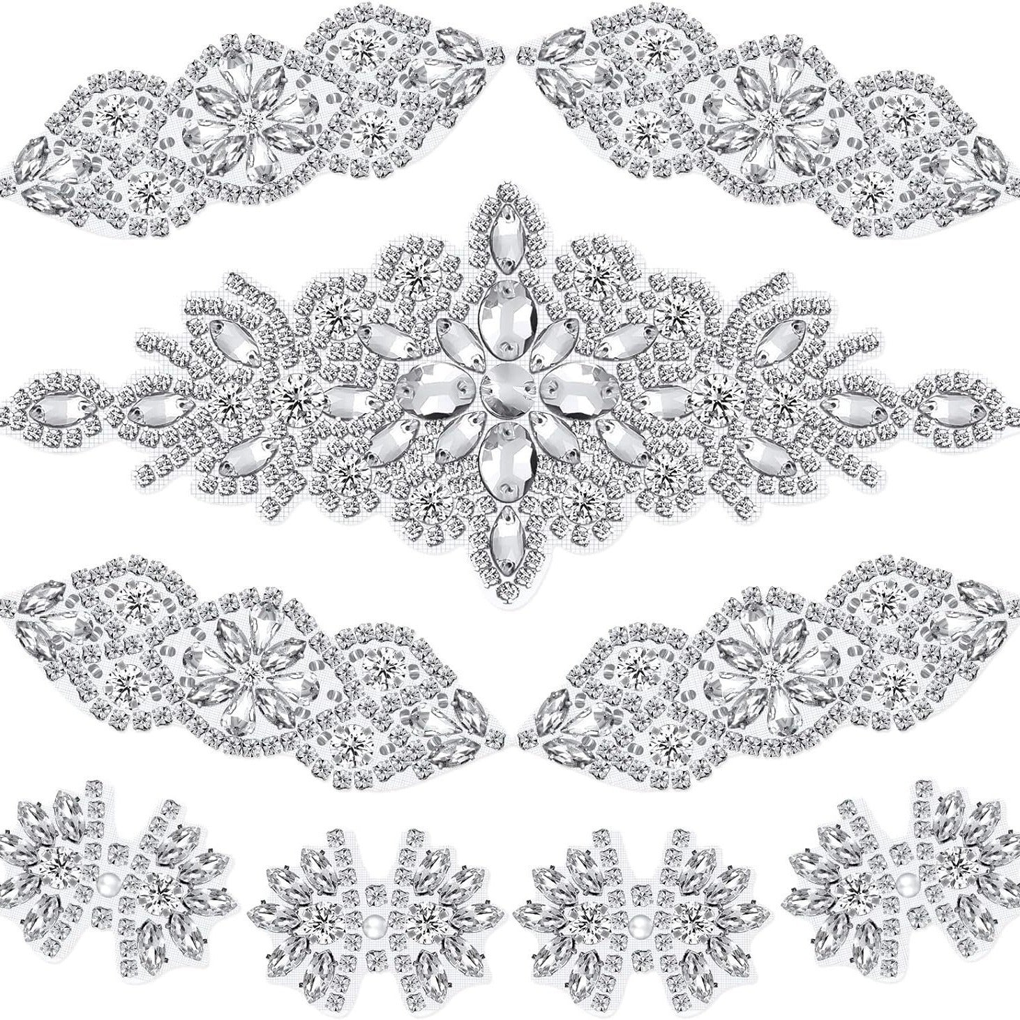 9 Pcs Rhinestone Applique Patches with Back Glue, Sparkling Iron-on Gems for Dancewear, Performance Costumes, Ice Skating Dress, Garment Embellishment