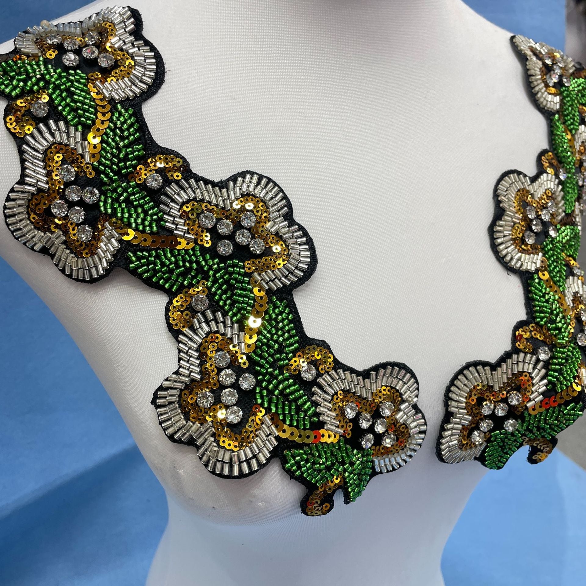 Multicolor Hand-Beaded Lace Appliqué with Seed Beads & Crystal Glass Rhinestones – Bohemian Ethnic Embroidered Patch for DIY Fashion, Jackets, Bags & Cultural Costume Embellishment