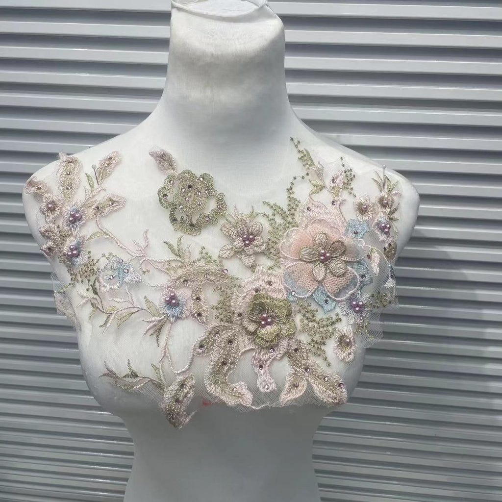 Colorful 3D Beaded Rhinestone Embroidered Lace Applique Patch - DIY Dressmaking Sewing Craft Supplies for Evening Gowns & Costumes