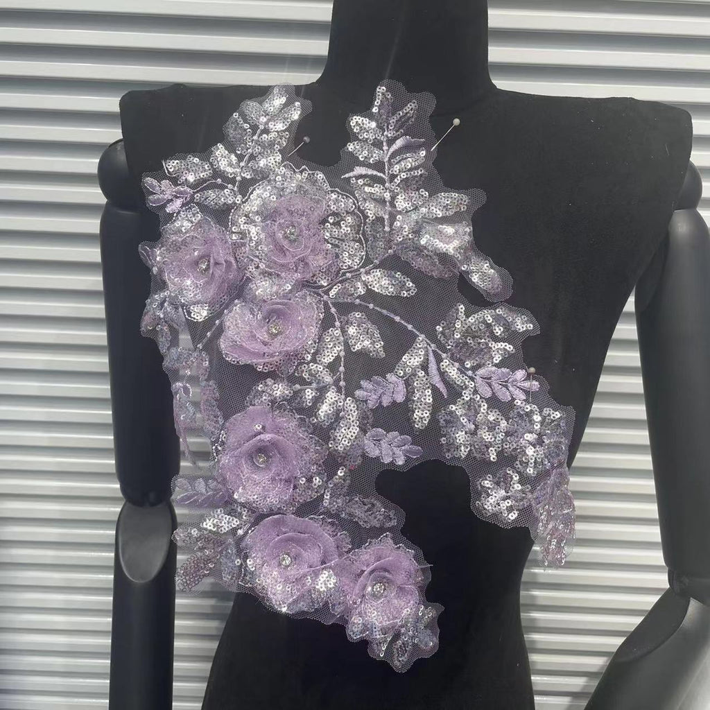 Beaded Lace Embroidered Appliqué Trim – Full-Coverage Sequin & Multi-Color Crystal Flower Motif, Matching Pair Design for Wedding Dresses, Evening Gowns & Bridal DIY Sewing Projects