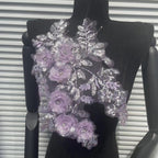 Beaded Lace Embroidered Appliqué Trim – Full-Coverage Sequin & Multi-Color Crystal Flower Motif, Matching Pair Design for Wedding Dresses, Evening Gowns & Bridal DIY Sewing Projects
