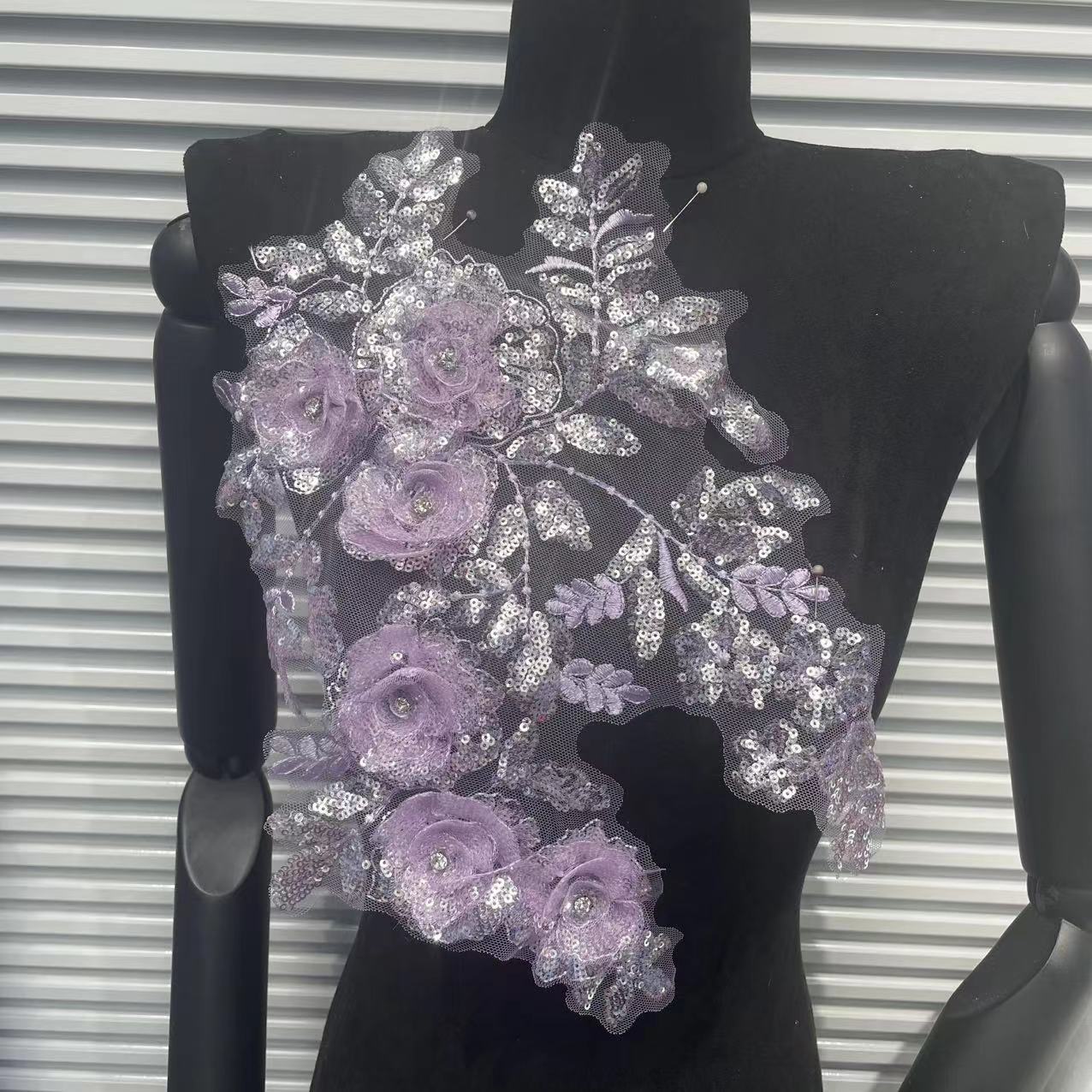 Beaded Lace Embroidered Appliqué Trim – Full-Coverage Sequin & Multi-Color Crystal Flower Motif, Matching Pair Design for Wedding Dresses, Evening Gowns & Bridal DIY Sewing Projects