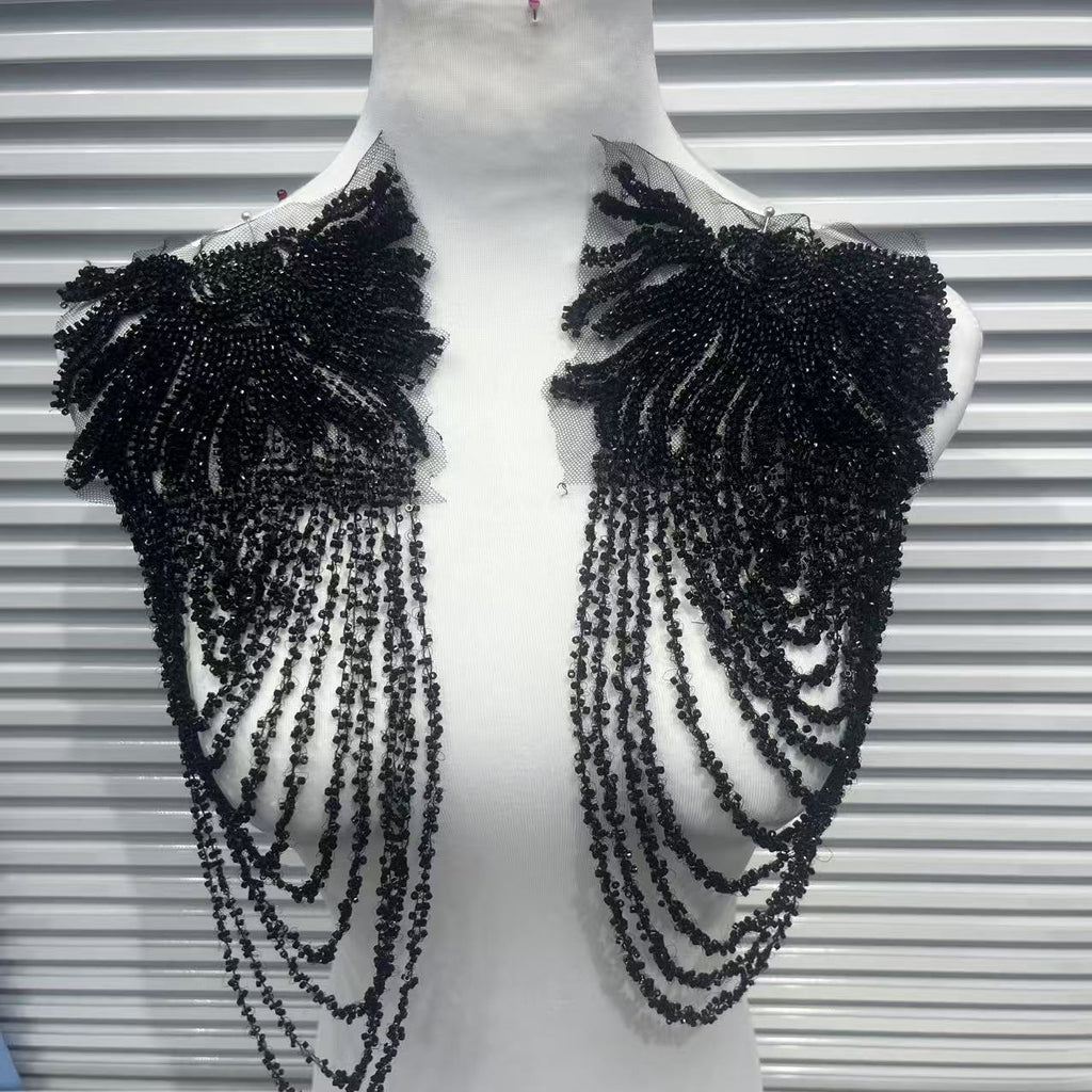 Vintage Heavy Embroidered Shoulder Appliqué with Fringe, 3D Crystal & Beaded Pendant – Luxe Bridal Dress Trim for Wedding Gowns, Prom & Formal Wear, Ready-to-Sew Applique Patch