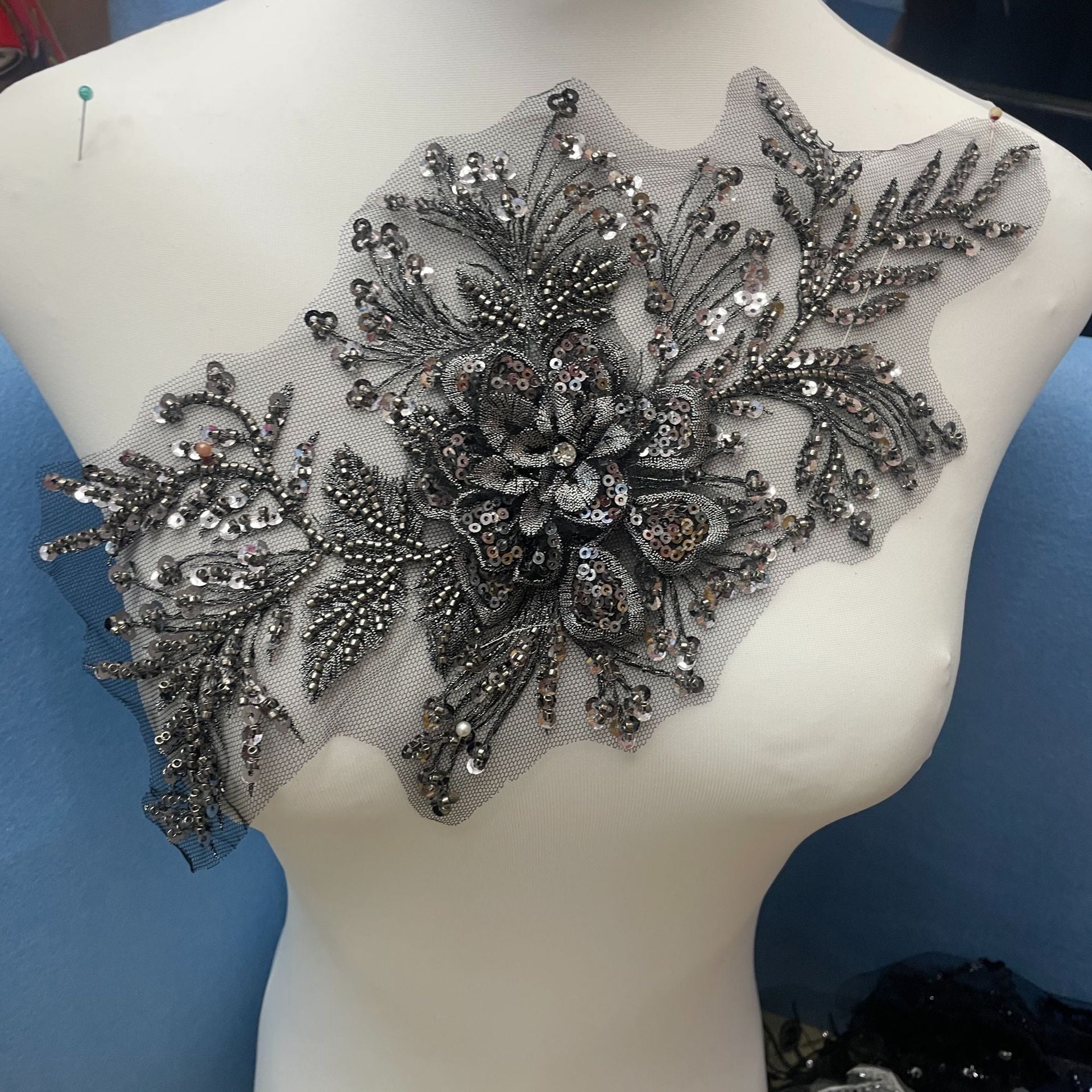 Premium Lace Floral Appliqué with Hand-Sewn Beads & Sequins – Embellished Wedding Dress Trim for Bridal Gowns, DIY Sewing Embroidery Patch, Delicate Lace Edging for Formal Wear & Craft Projects